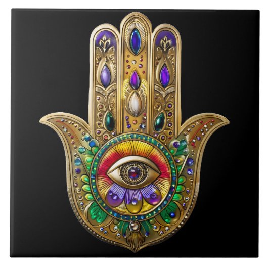 Painted Gold Hamsa Amethyst Ruby Third Eye タイル (正面)