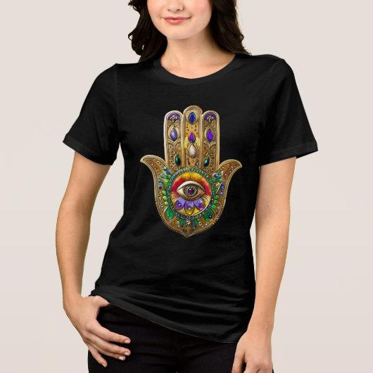 Painted Gold Hamsa Amethyst Ruby Third Eye トライブレンドＴシャツ (正面)