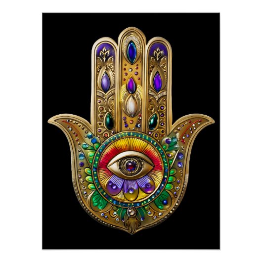 Painted Gold Hamsa Amethyst Ruby Third Eye ポスター (正面)
