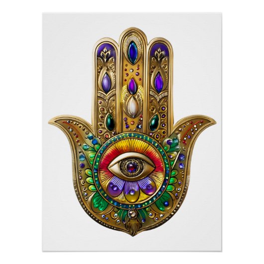 Painted Gold Hamsa Amethyst Ruby Third Eye ポスター (正面)