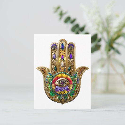 Painted Gold Hamsa Amethyst Ruby Third Eye ポストカード (スタンド正面)
