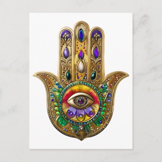 Painted Gold Hamsa Amethyst Ruby Third Eye ポストカード (正面)