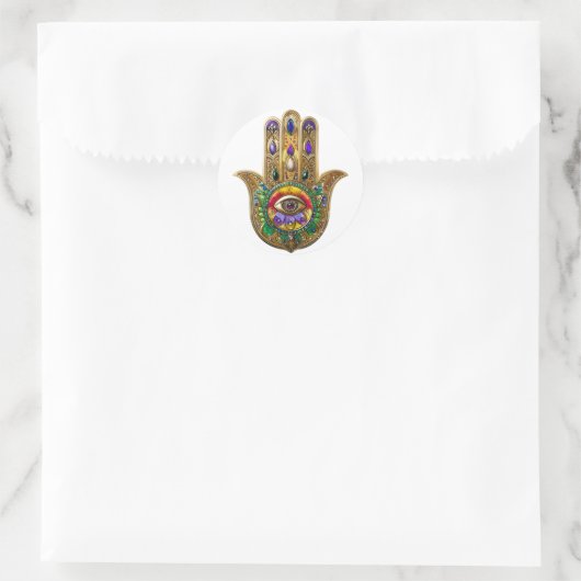 Painted Gold Hamsa Amethyst Ruby Third Eye ラウンドシール (バッグ)
