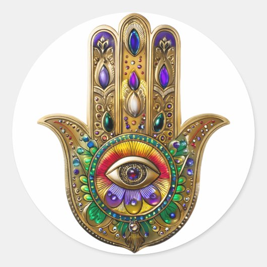 Painted Gold Hamsa Amethyst Ruby Third Eye ラウンドシール (正面)