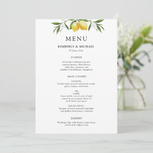 Painted lemons greenery foliage wedding menu 招待状 (スタンド正面)