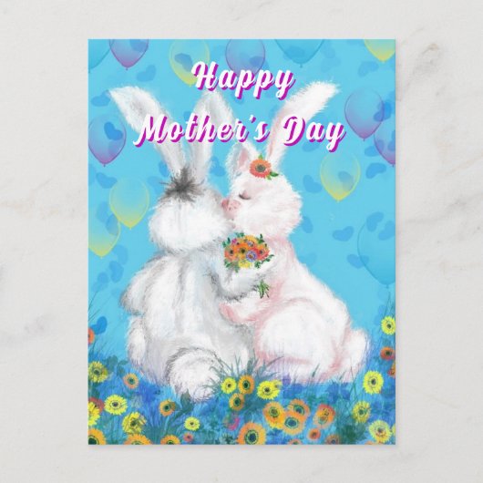 Painted Mother's Day Card with Cute Bunnies ポストカード (正面)