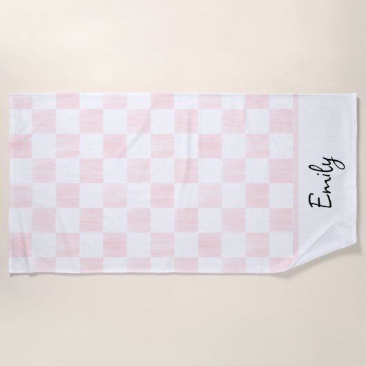 Painted Pink Checkerboard Pattern Personalized ビーチタオル (正面)