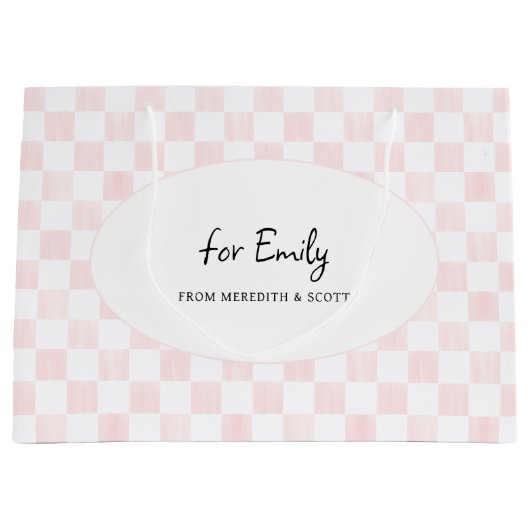Painted Pink Checkerboard Pattern Personalized ラージペーパーバッグ (正面)