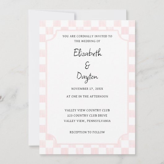 Painted Pink Checkerboard Pattern Wedding 招待状 (正面)