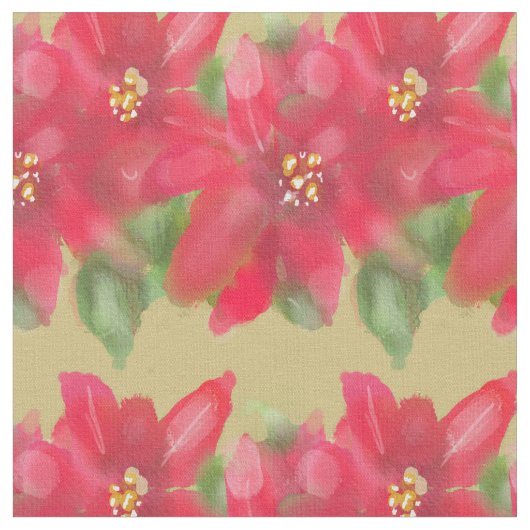 Painted Red and Green Poinsettia Christmas Design ファブリック (クローズアップ)