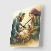 Painted Style Nativity Scene Holiday Card スクエア壁時計 (傾斜)