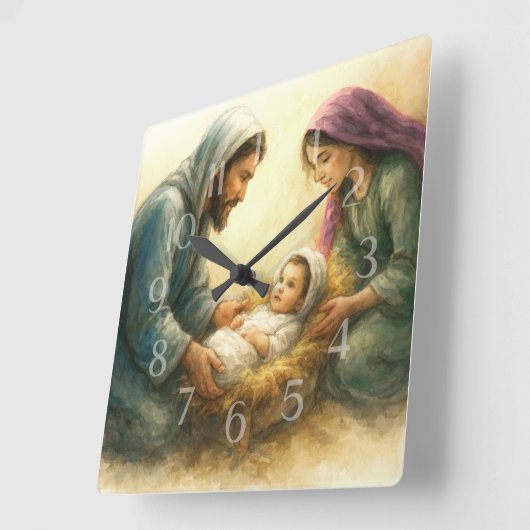 Painted Style Nativity Scene Holiday Card スクエア壁時計 (傾斜)