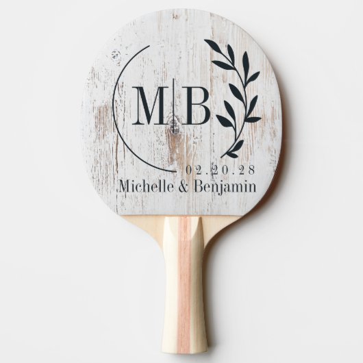 Painted White Wood Leaf Wedding Monogram 卓球ラケット (裏面)