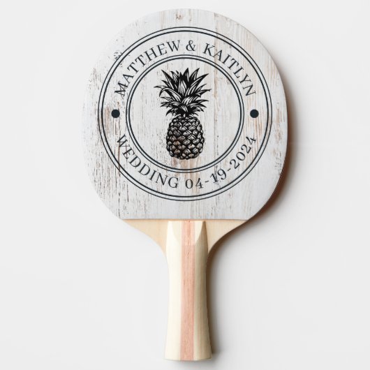Painted White Wood Pineapple Wedding Crest & Names 卓球ラケット (裏面)