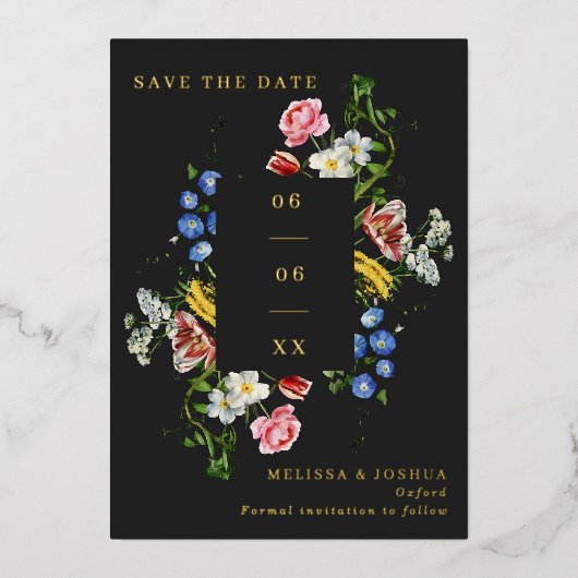 Painterlyフローラ結婚フレームの写真Save the Date 箔招待状 (正面)