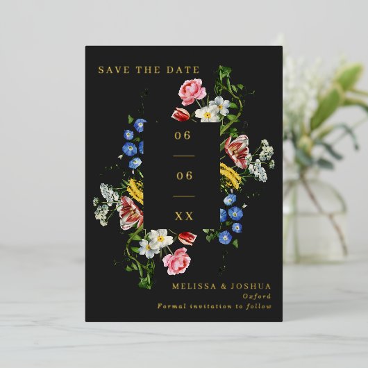 Painterlyフローラ結婚フレームの写真Save the Date 箔招待状 (立ち正面)