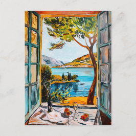Painting breakfast on window view Mediterran sea ポストカード