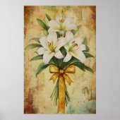 Painting of a bouquet of white lilies with a gold ポスター (正面)