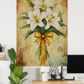 Painting of a bouquet of white lilies with a gold ポスター (ホームオフィス)