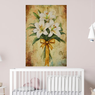 Painting of a bouquet of white lilies with a gold  ポスター