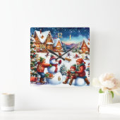 Painting of Children Winter Fun Snowmen Sledding スクエア壁時計 (ホーム)