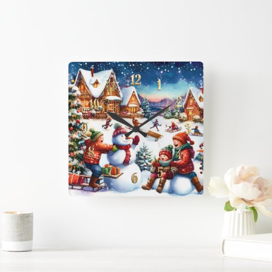 Painting of Children Winter Fun Snowmen Sledding スクエア壁時計 (ホーム)
