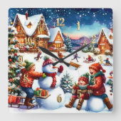 Painting of Children Winter Fun Snowmen Sledding スクエア壁時計 (正面)