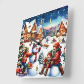 Painting of Children Winter Fun Snowmen Sledding スクエア壁時計 (傾斜)