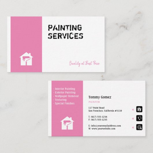 Painting Services | 仕事中のペンキ塗り職人 ピンク 名刺 (正面/裏面)
