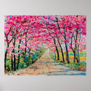 Painting watercolor landscape pink red color Tunne ポスター