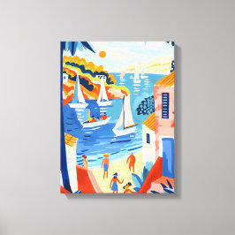 Paisaje Costero: Arte Favista con Veleros y Casas キャンバスプリント