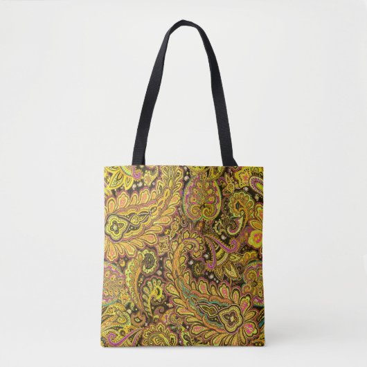 Paisley Motif in Yellow, Brown on Black Background トートバッグ (正面)