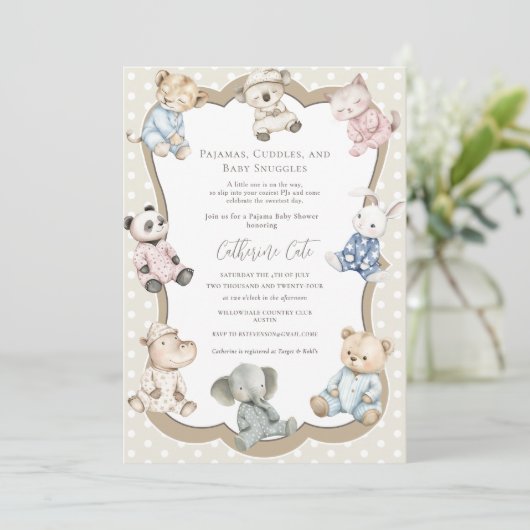 Pajama Party Animal Theme Baby Shower  招待状 (スタンド正面)