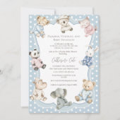 Pajama Party Animal Theme Blue Baby Shower  招待状 (正面)