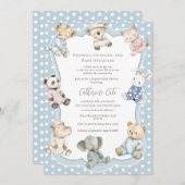 Pajama Party Animal Theme Blue Baby Shower  招待状 (正面/裏面)