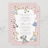Pajama Party Animal Theme Pink Baby Shower  招待状 (正面/裏面)