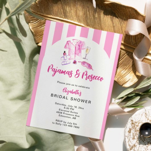 Pajamas and Prosecco Bridal Shower Pink Stripes 招待状