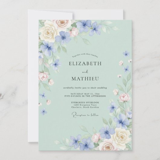 Pale Blue Blossom Flourish Wedding 招待状 (正面)