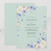 Pale Blue Blossom Flourish Wedding 招待状 (正面/裏面)