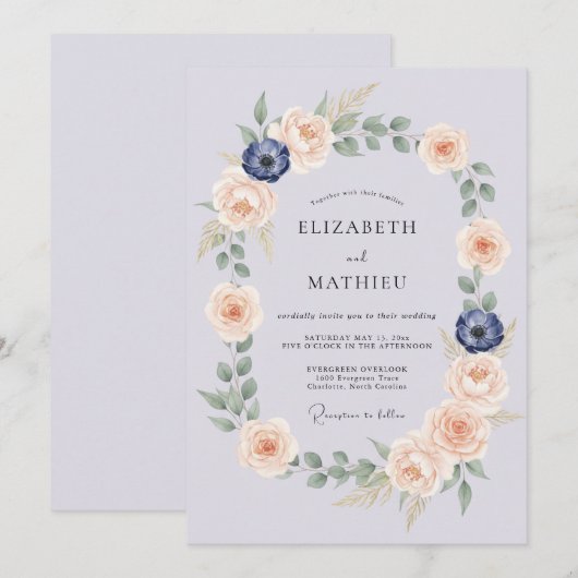 Pale Blue Botanical Wreath Wedding 招待状 (正面/裏面)