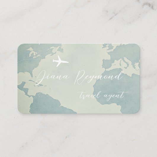 Pale Blue Business Card with World Map and Plane 名刺 (正面)