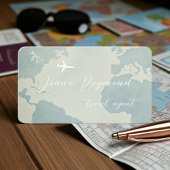 Pale Blue Business Card  with World Map and Plane 名刺