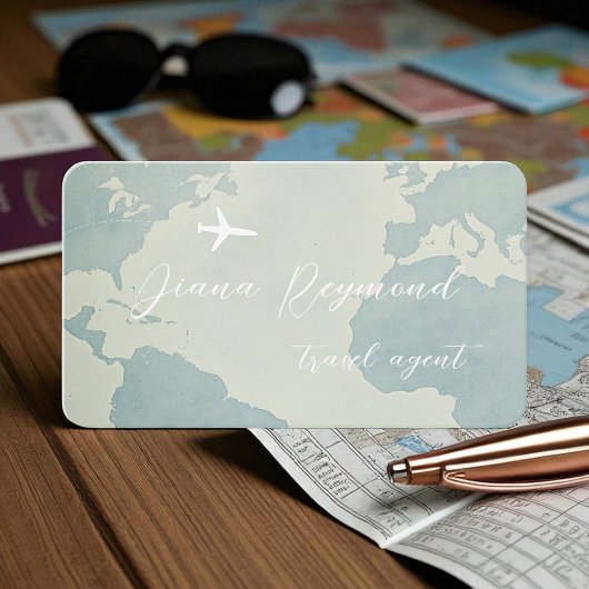 Pale Blue Business Card  with World Map and Plane 名刺