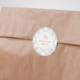 Pale Blue Checkered Cafe Croissant Bakery ラウンドシール