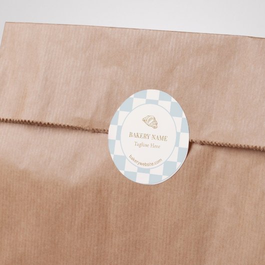 Pale Blue Checkered Cafe Croissant Bakery ラウンドシール