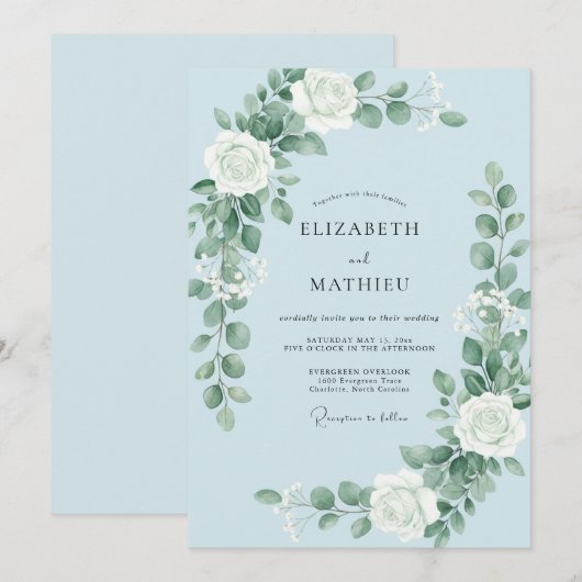 Pale Blue Ethereal Bloom Wedding 招待状 (正面/裏面)