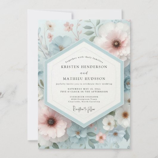 Pale Blue Floral Dream Wedding 招待状 (正面)