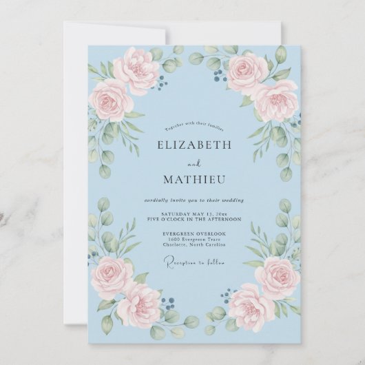 Pale Blue Floral Romance Wedding 招待状 (正面)