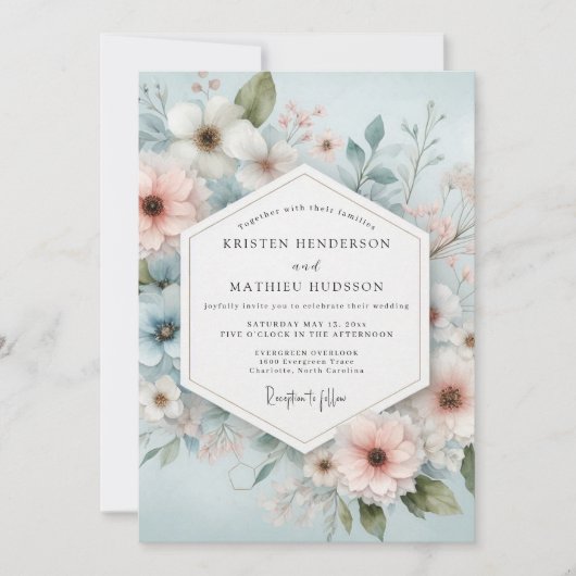 Pale Blue Floral Romance Wedding 招待状 (正面)