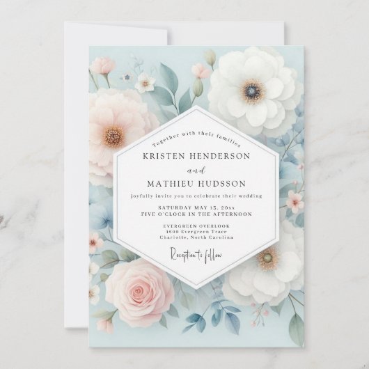 Pale Blue Floral Whimsy Wedding 招待状 (正面)